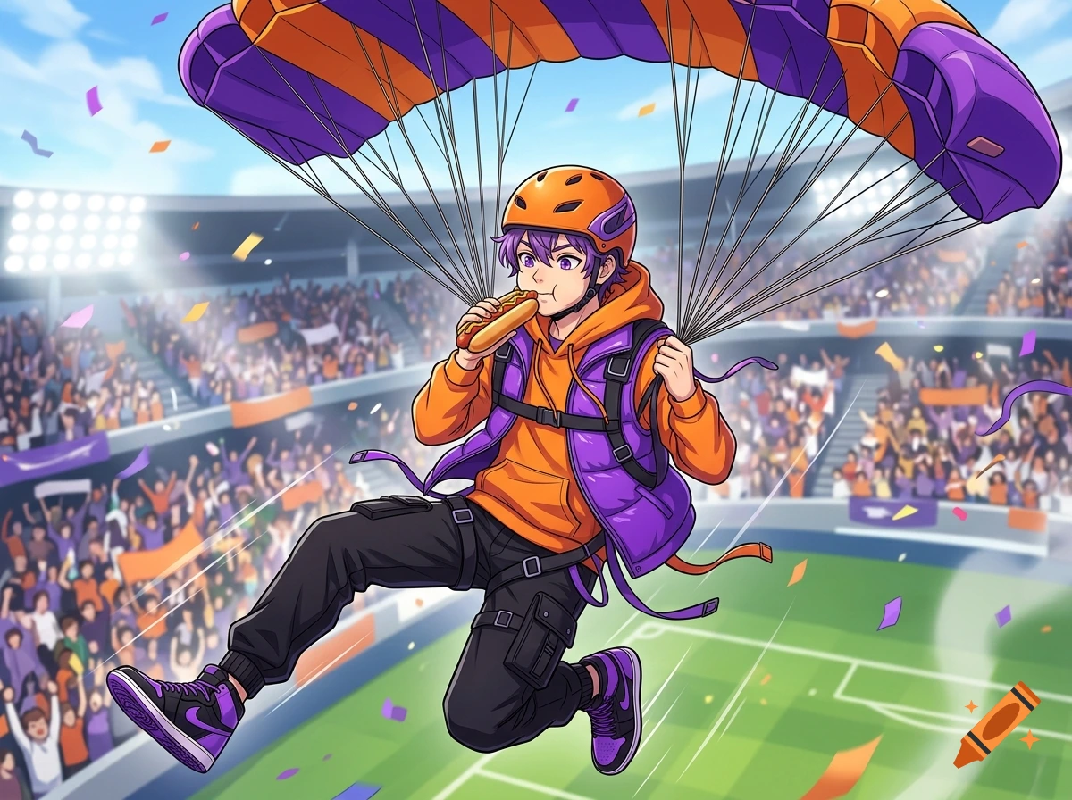 Anime style illustration of a purple-haired boy eating a hot dog while parachuting into a crowded stadium.