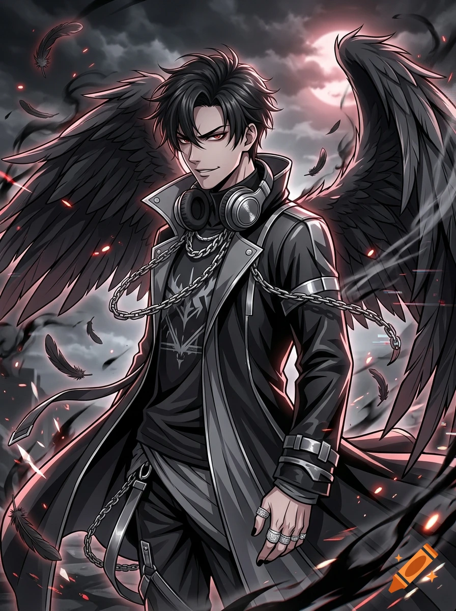 An anime-style male character with large black wings, dark hair, and glowing red eyes, wearing a black coat, chain necklaces, and headphones around his neck against a moody sky background.
