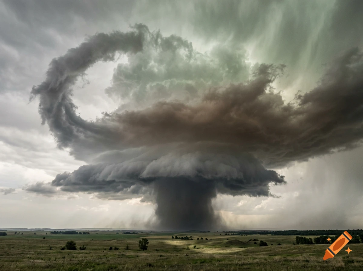 Photorealistic landscape with a massive dark storm cloud shaped like a tree over rolling green hills.