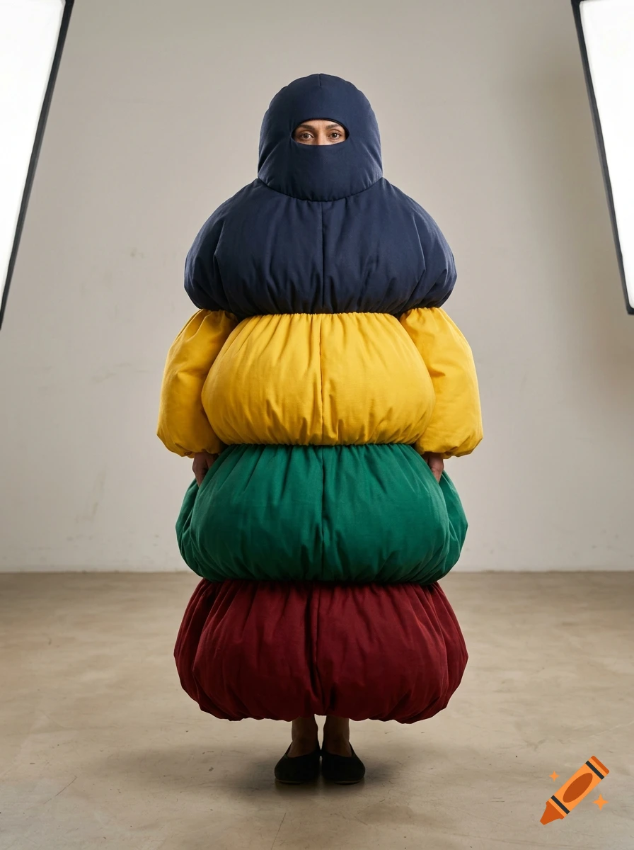 Photorealistic studio shot of a woman wearing a 4-layered multi-colored bubble dress covering everything but her eyes.