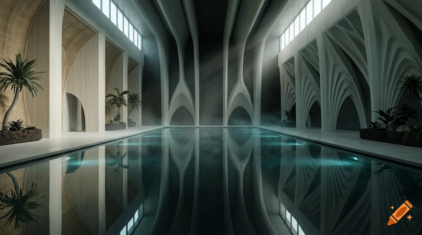 An empty indoor pool hall with towering parametric architecture, minimalist design, and an eerie atmosphere.