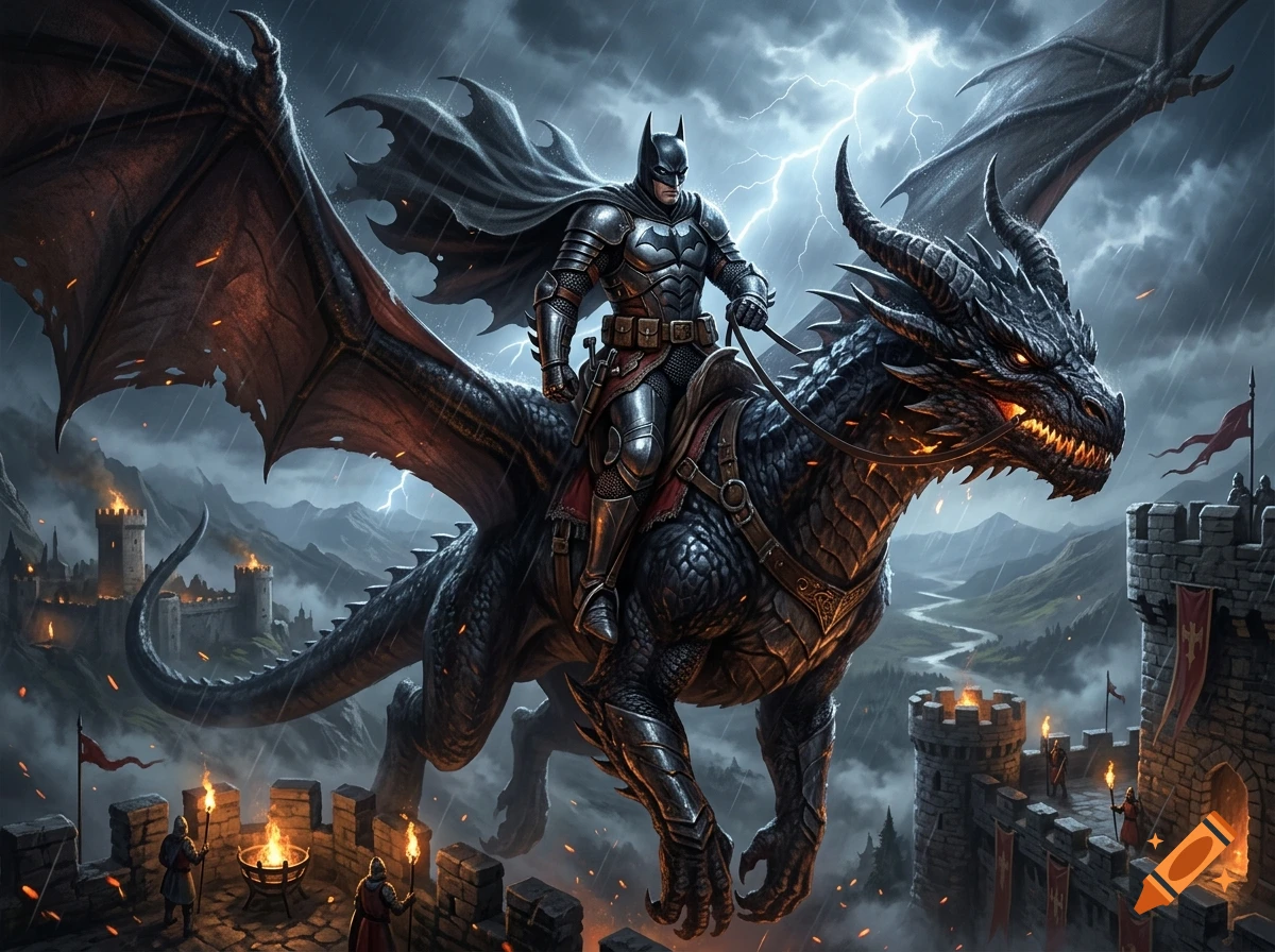 Medieval Batman in armor riding a black dragon over a castle during a thunderstorm, digital art style.
