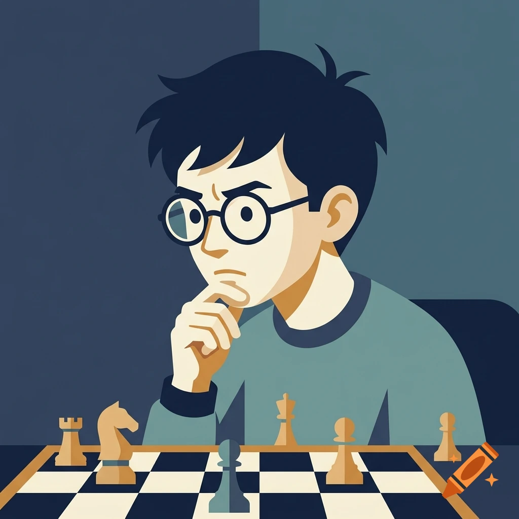 Vector style illustration of a nerdy young character with glasses brooding over a chessboard, thinking.
