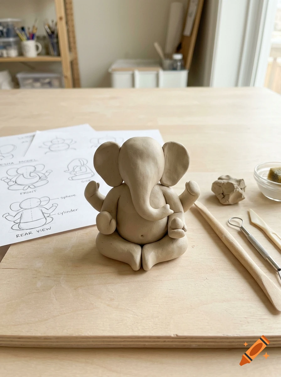 A handmade clay elephant figurine sitting on a wooden board next to sculpting tools and a template sketch.