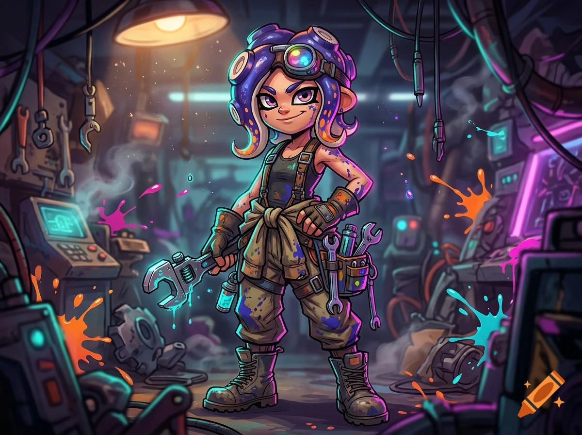 Digital painting of a mechanic character with purple tentacles and goggles holding a wrench in a workshop.