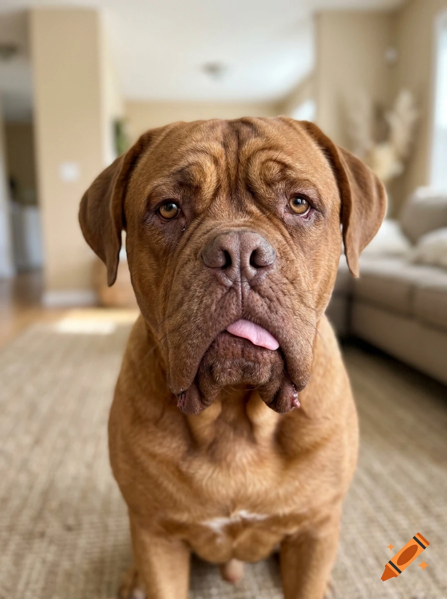 Close-up of a brown Dogue de Bordeaux dog with wrinkles and its tongue sticking out slightly, sitting indoors.