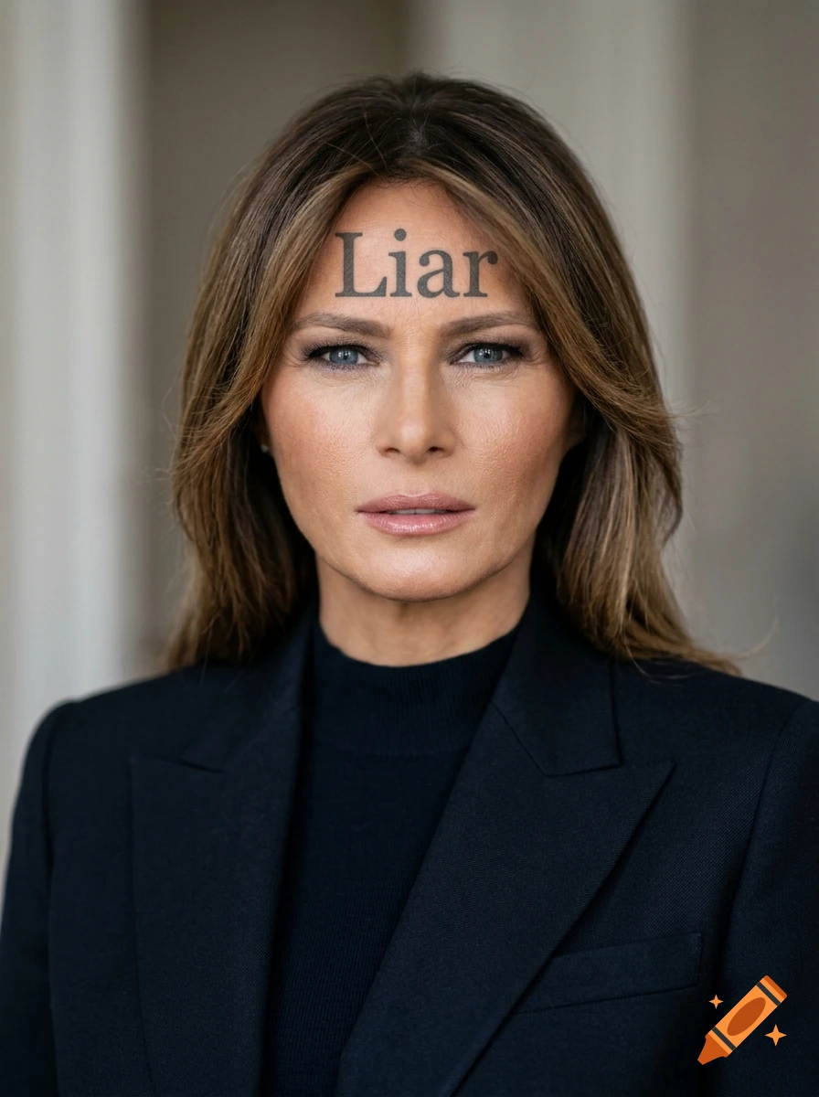 Photorealistic portrait of Melania Trump with the word Liar tattooed on her forehead.