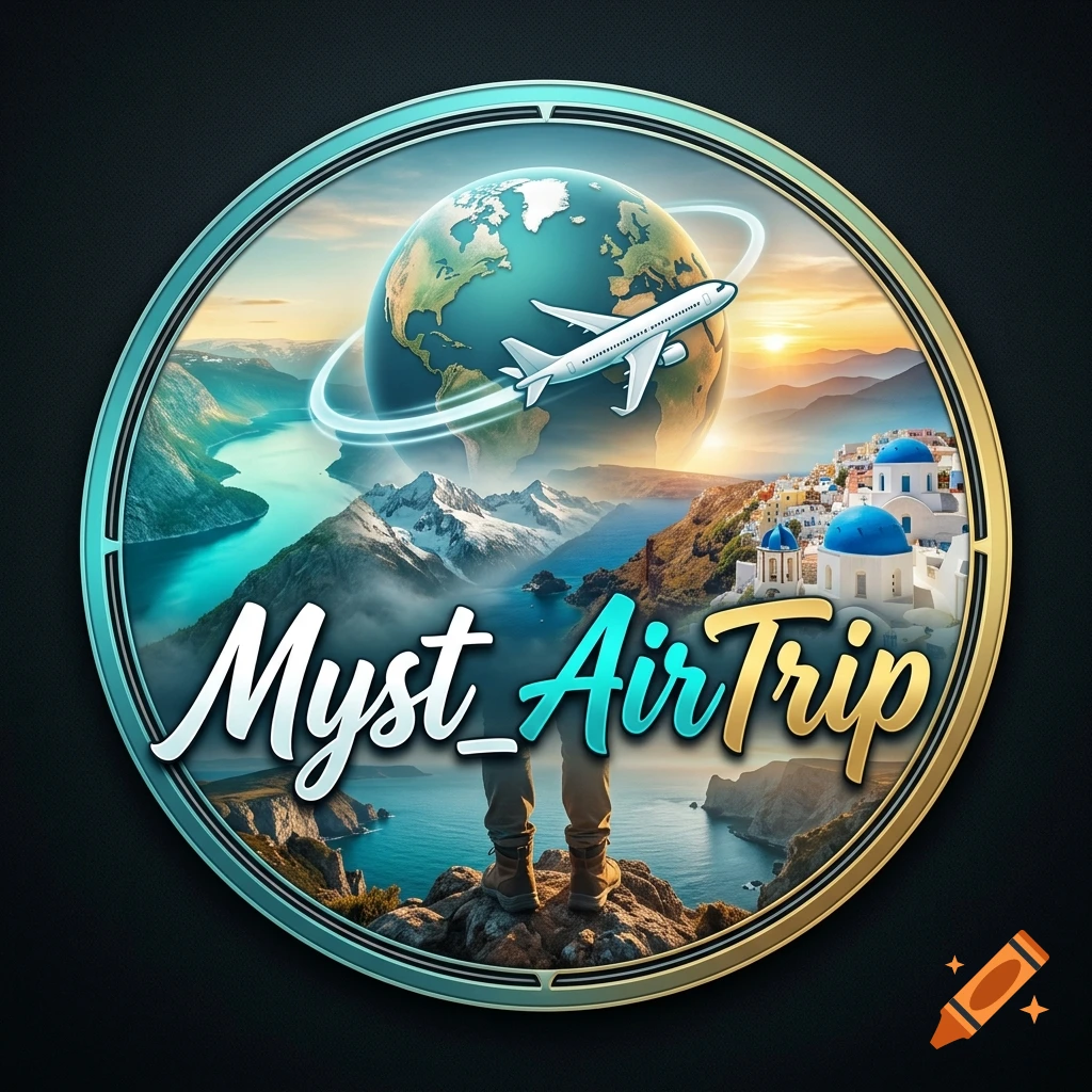 Circular travel logo with globe, airplane, mountain fjord, and Mediterranean village, featuring the text Myst_AirTrip.