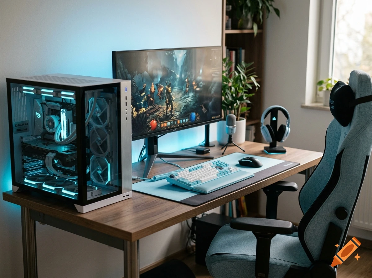 A modern gaming setup featuring a custom desktop PC with glowing teal lights, a wide monitor displaying a video game, a matching keyboard and mouse on a large mousepad, a microphone, headphones on a stand, and an ergonomic blue office chair at a wooden desk.