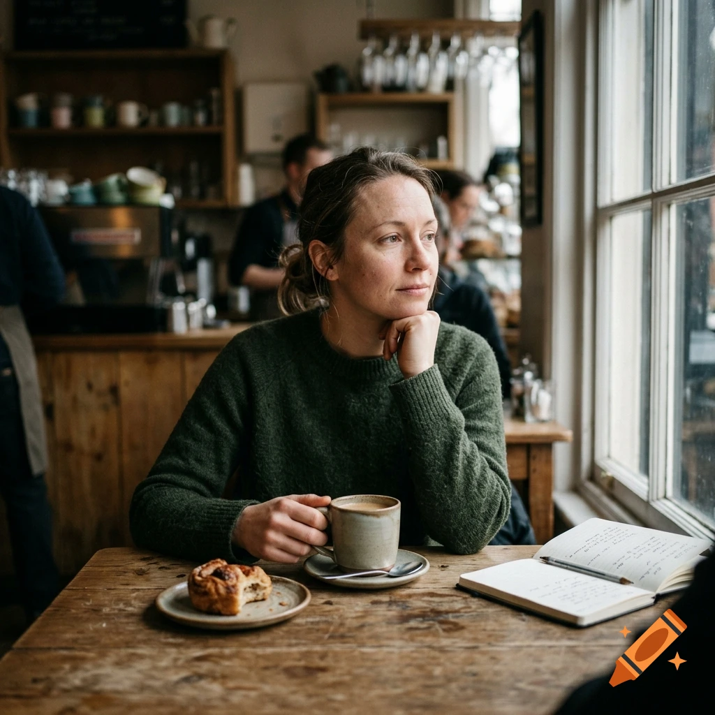Photorealistic image of a woman sitting in a cafe, holding a coffee mug, looking out a window next to a notebook.