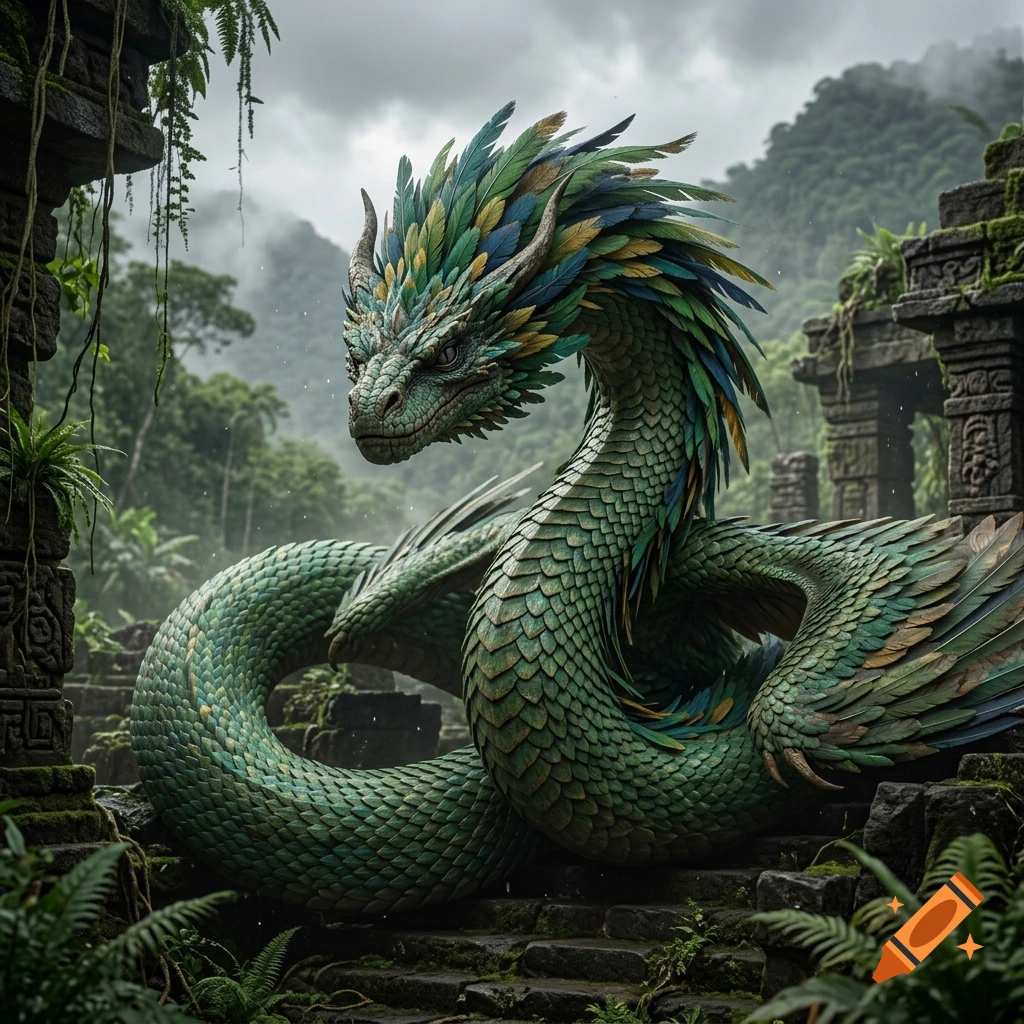 Detailed digital painting of a feathered green Quetzalcoatl serpent resting among ancient jungle ruins.