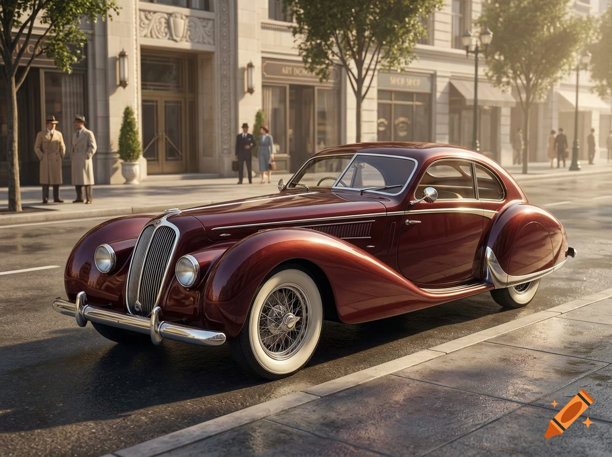 A photorealistic vintage maroon car parked on a European city street with pedestrians and classic architecture.