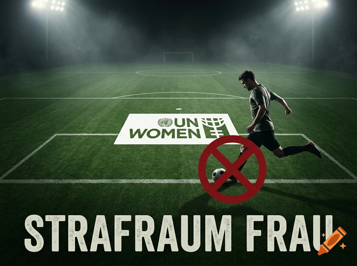 Photorealistic soccer field at night with the text STRAFRAUM FRAU at the bottom, UN Women logo on the turf, and a red prohibition sign over a player's foot.