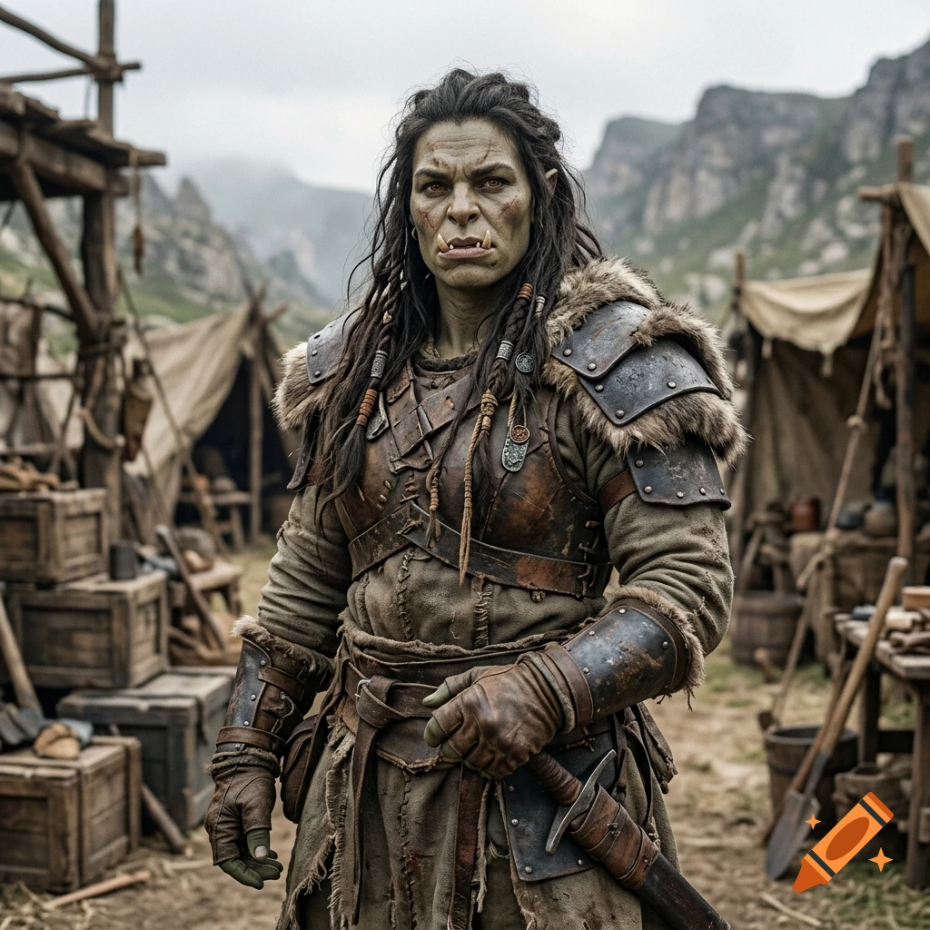 Photorealistic medium shot of a female orc warrior in leather armor with fur pauldrons, standing in a rugged camp.