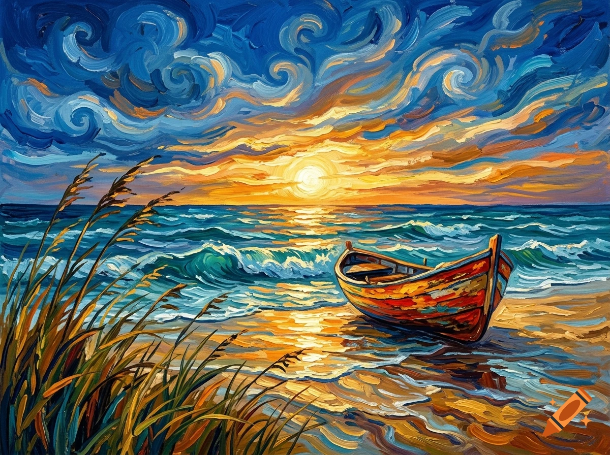 An oil painting of a beach scene in the style of Van Gogh, featuring a wooden boat on the shore, waves, and a swirling sunset sky.
