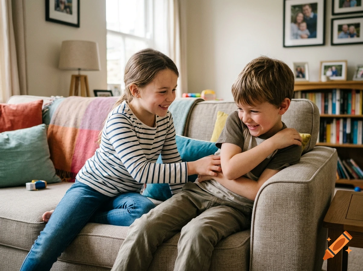 Photorealistic image of a young girl tickling her smiling younger brother on a living room sofa.