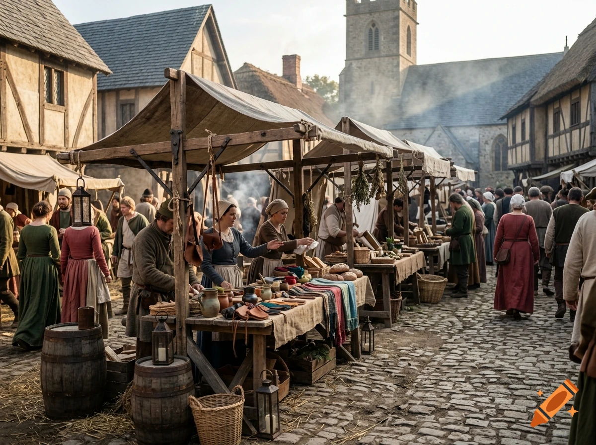 Photorealistic scene of a bustling medieval market fair with wooden stalls, cobblestone streets, and people in historic clothing.