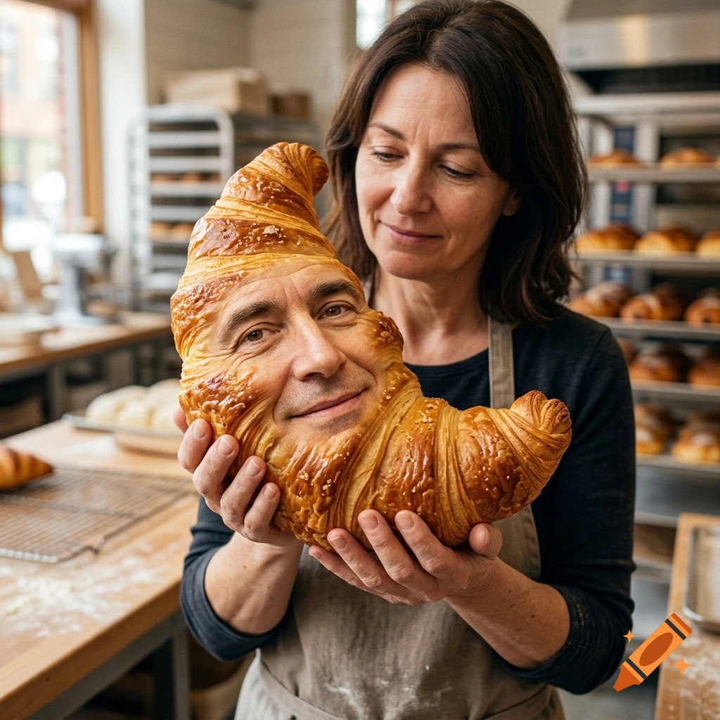 A smiling woman in a bakery holds a large croissant that has a man's face integrated onto its body, photorealistic.