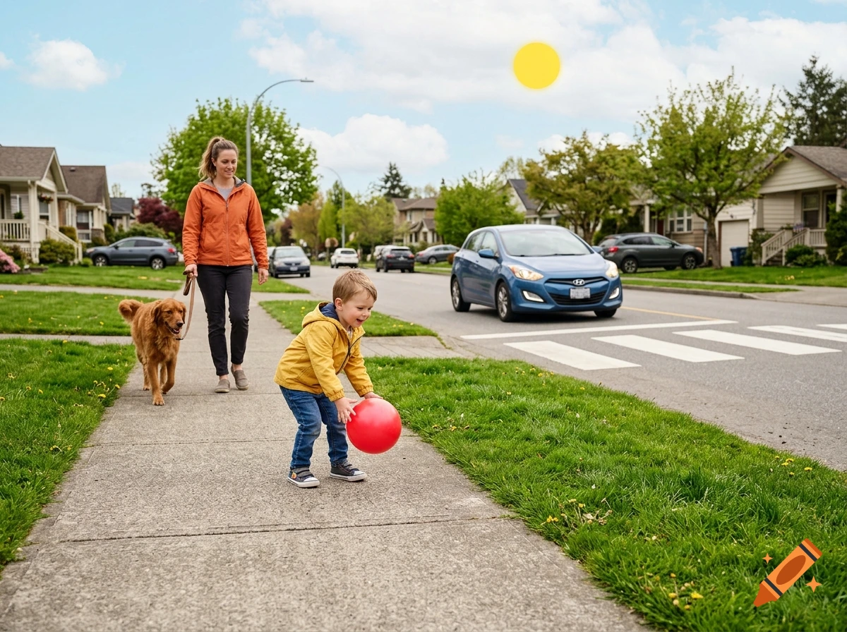 Photorealistic image of a woman walking a dog and a child playing with a red ball on a suburban sidewalk.