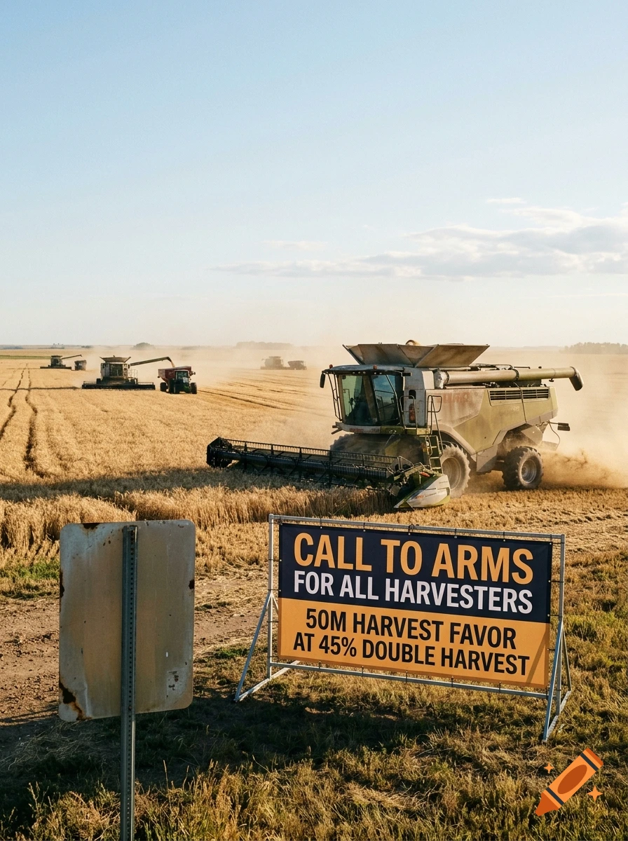 Photorealistic image of a large combine harvester in a wheat field with a sign reading Call to Arms for all harvesters.