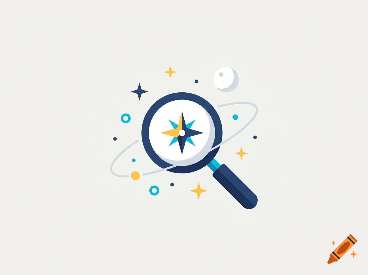 A stylized flat vector illustration of a magnifying glass containing a compass star, surrounded by stars, planets, and orbital rings.