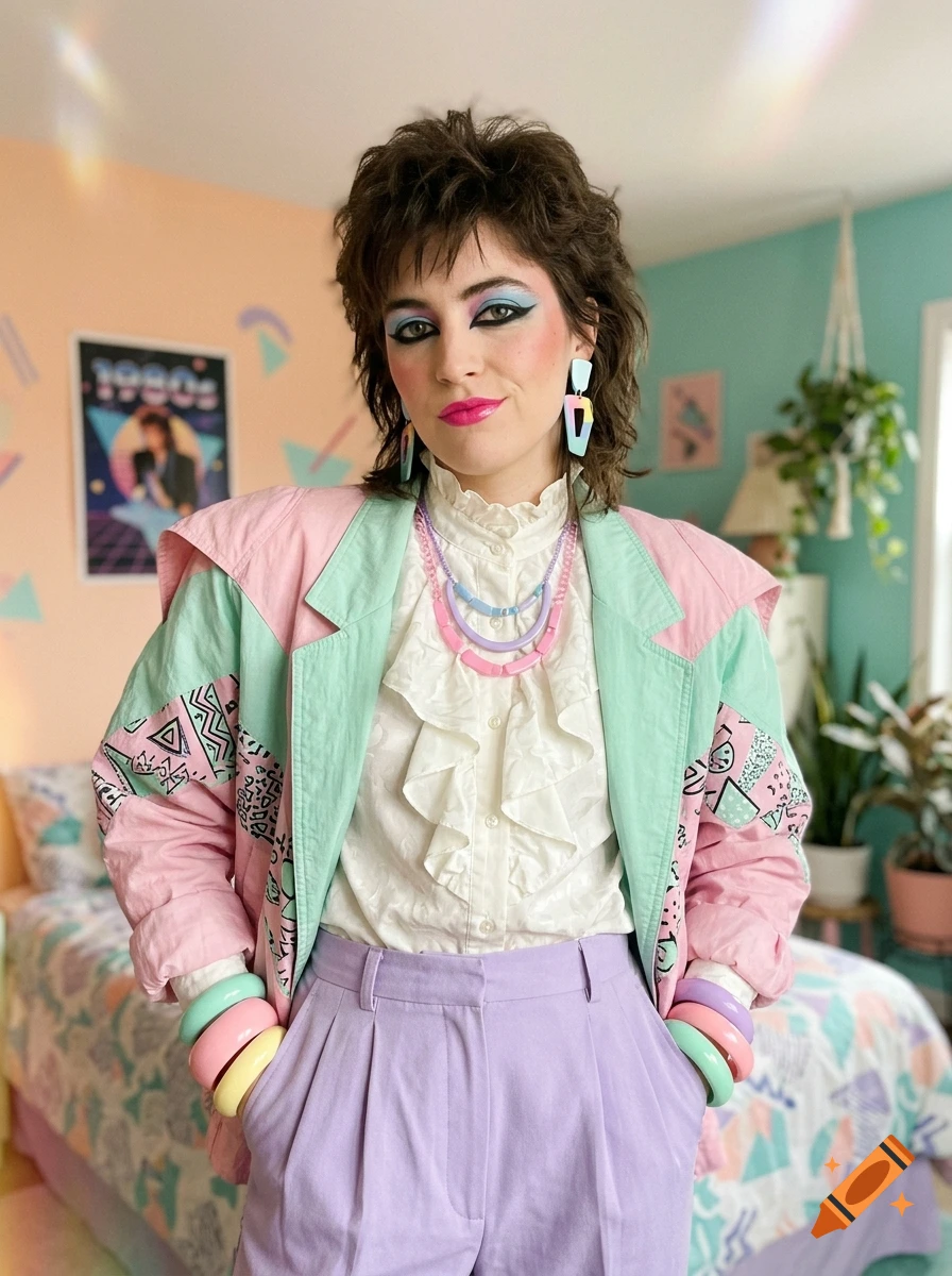 Portrait of a person with a retro 1980s hairstyle, colorful makeup, pastel blazer, ruffled shirt, and oversized earrings in a themed bedroom.