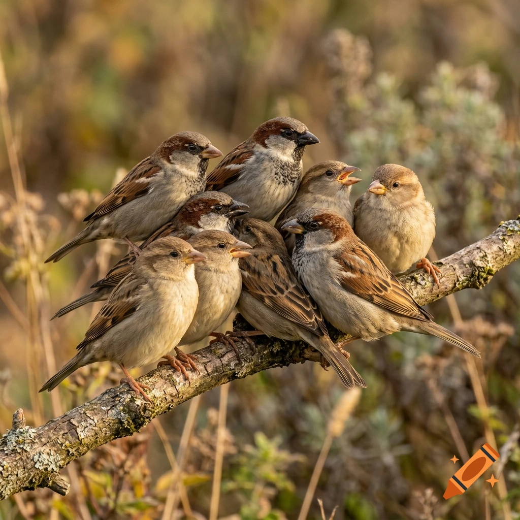 Photorealistic image of a group of sparrows huddled together on a mossy branch in golden hour light.
