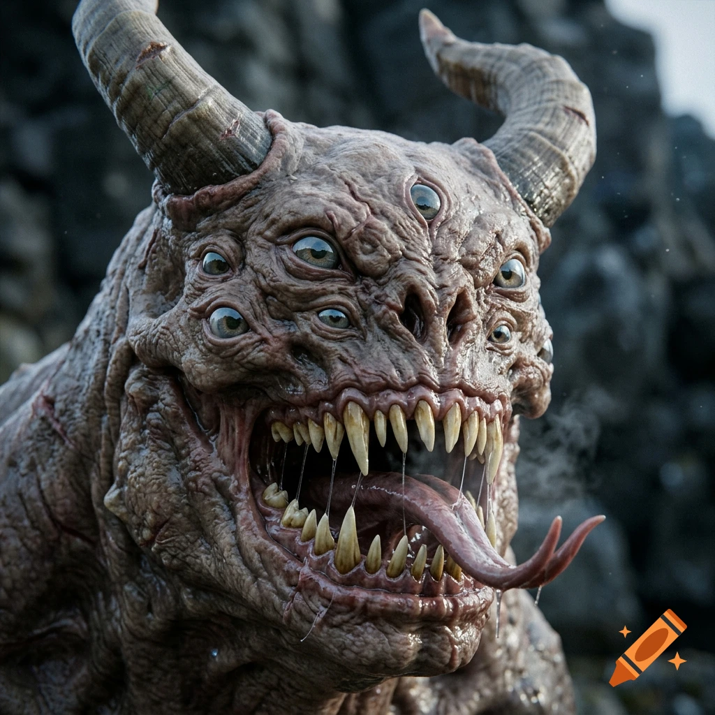 Photorealistic close-up of a terrifying multi-eyed monster with horns, sharp teeth, and a long tongue.