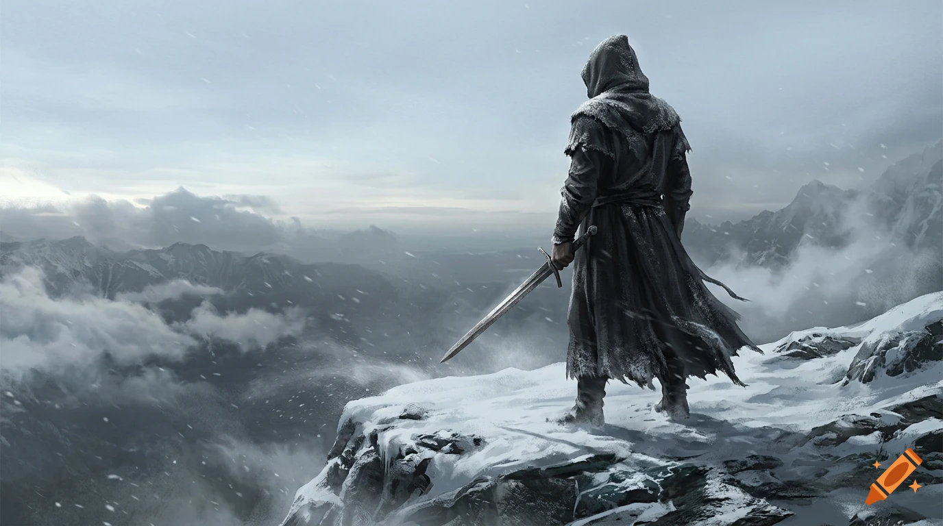 A lone hooded swordsman stands on a snowy mountain cliff overlooking a misty valley, digital art.