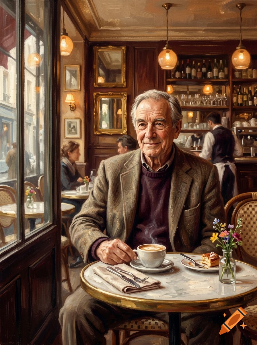 An oil painting of an elderly man sitting at a table in a cozy Parisian bistro, drinking coffee.