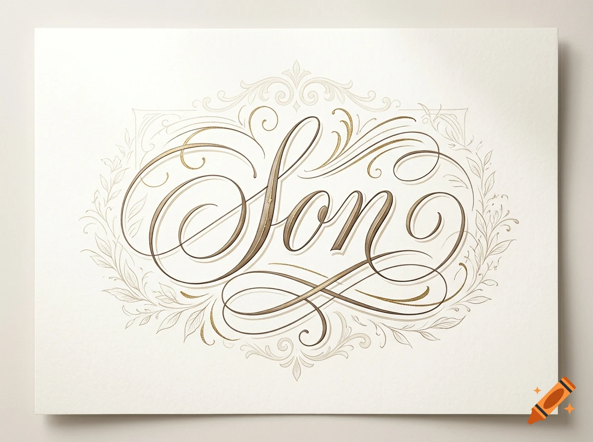 Elegant Edwardian-style script spelling the word 'Son' in brown ink with gold accents, surrounded by intricate floral filigree on off-white paper.