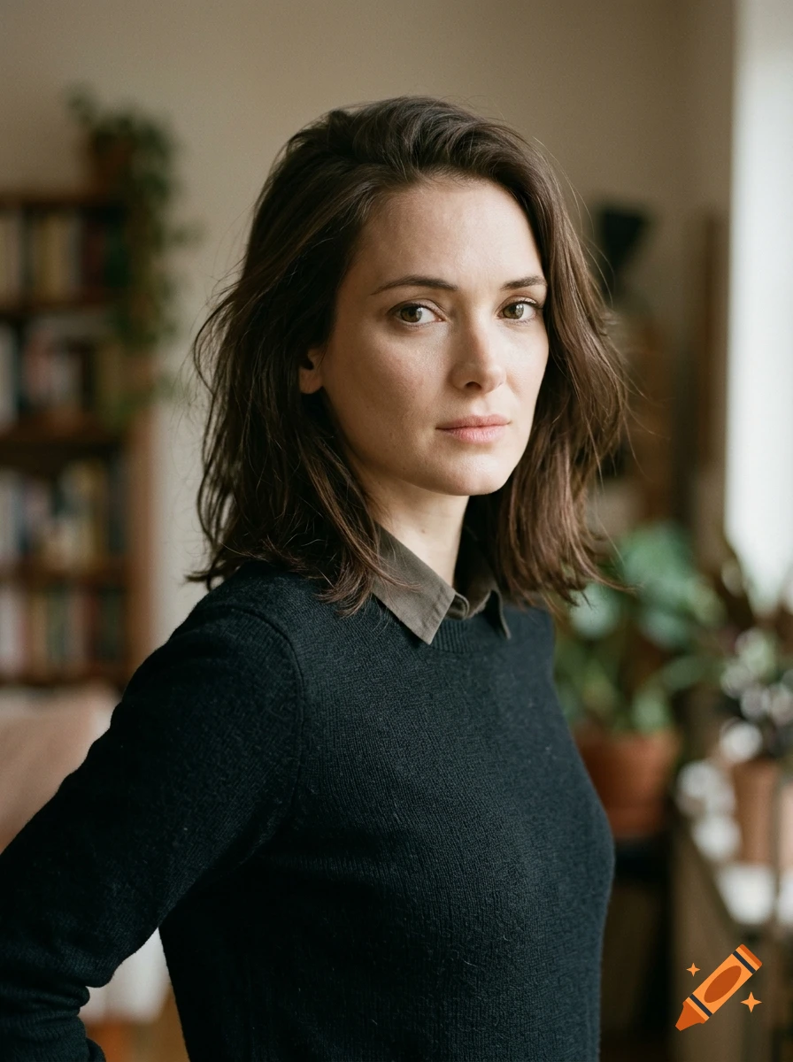 Photorealistic portrait of a woman in her late twenties with dark medium-length hair and a black sweater, standing in an indoor setting with a bookshelf and plants.
