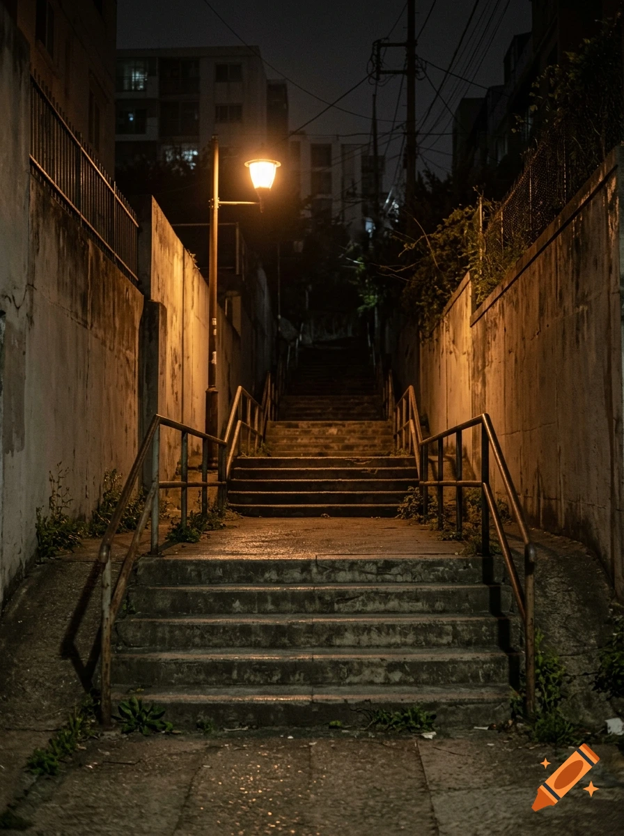 An outdoor concrete staircase between two tall walls at night, illuminated by a glowing streetlamp.