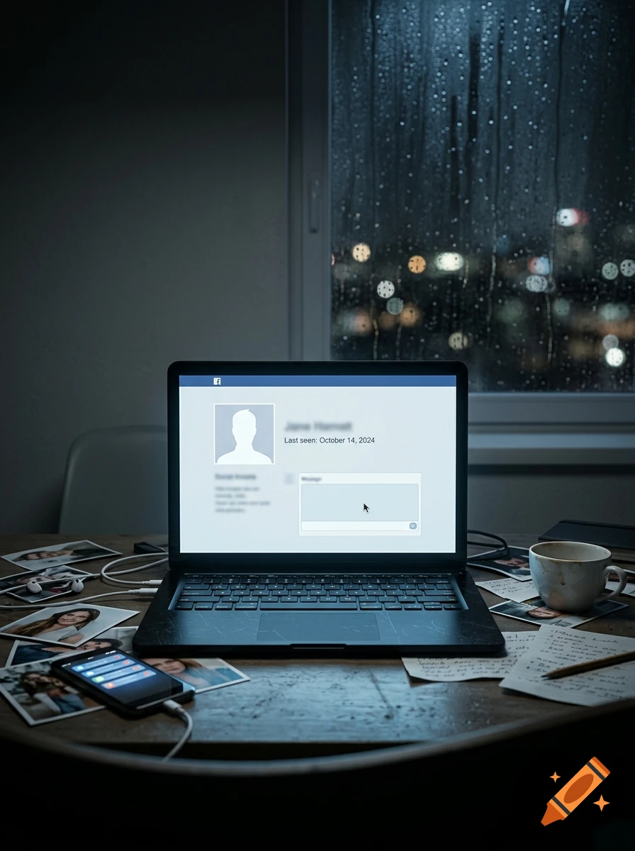 A laptop on a desk at night with a social media profile on the screen, surrounded by scattered photographs, a phone, notes, and a coffee mug, with a rainy window in the background.