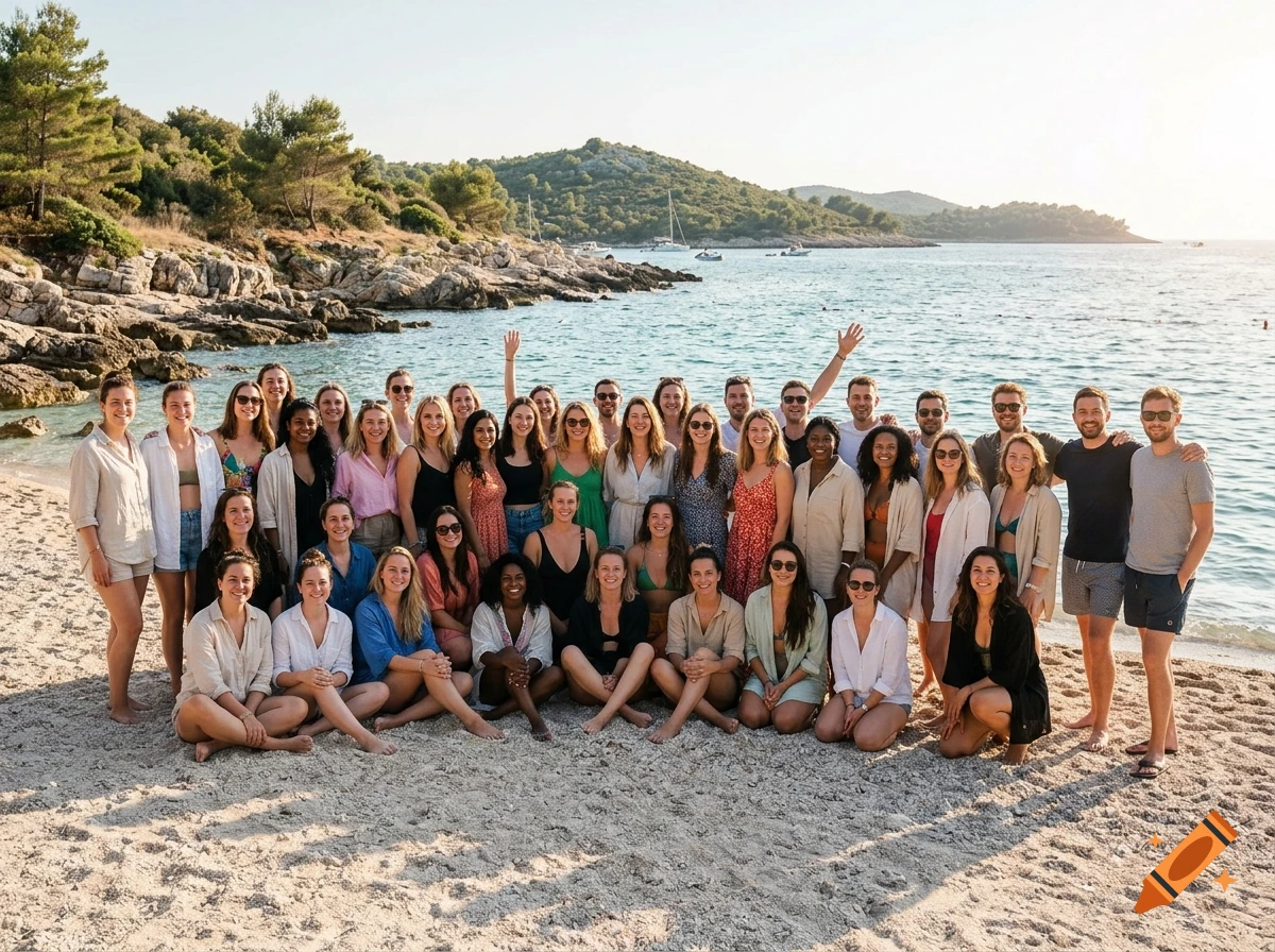 Large group of young adults posing for a team photo on a sunny beach in Croatia.