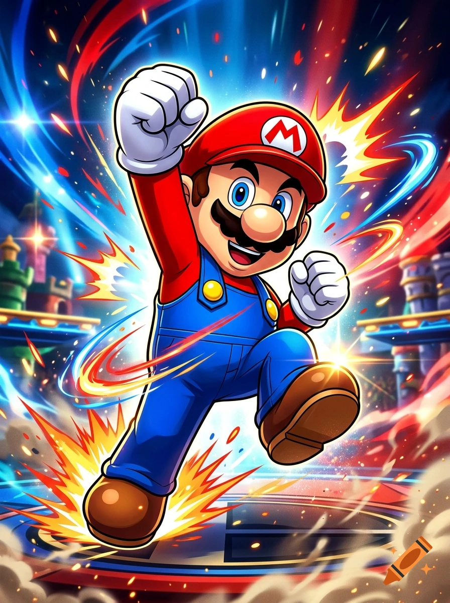 Mario in a dynamic action pose with vibrant energy effects swirling around him against a colorful background.