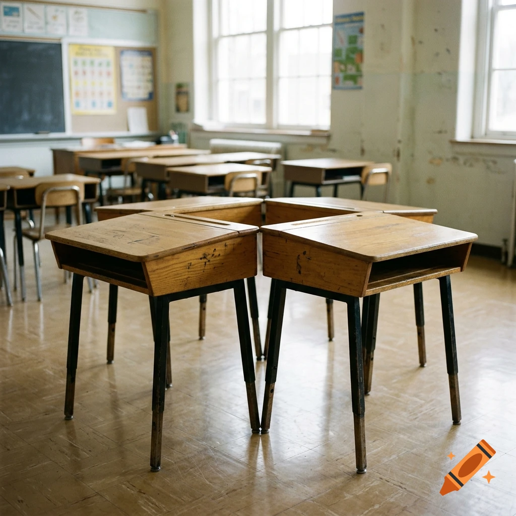 Four traditional wooden school desks pushed together in a square in the middle of a vintage classroom.