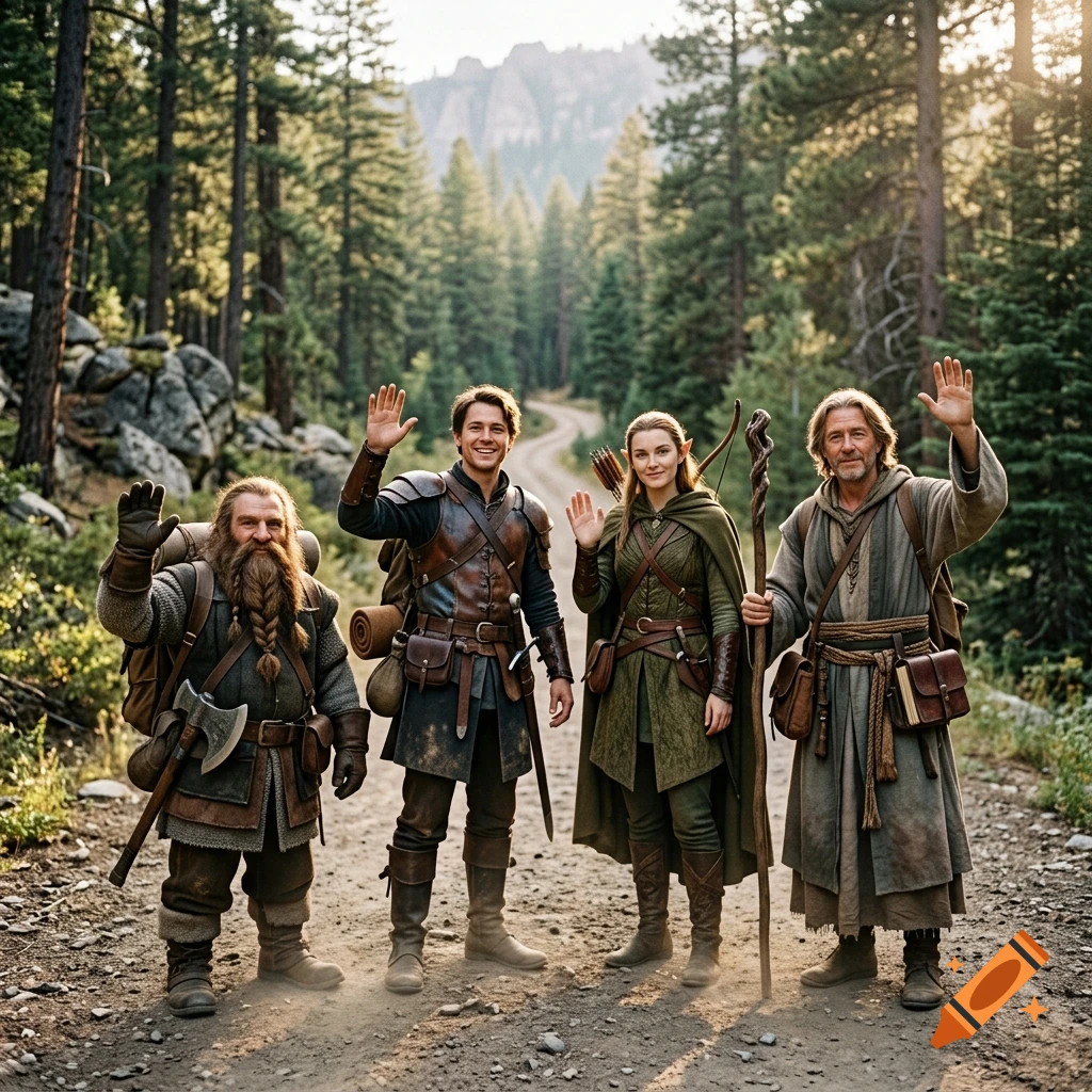Photorealistic image of four Dungeons and Dragons travelers waving on a dirt path through a pine forest.