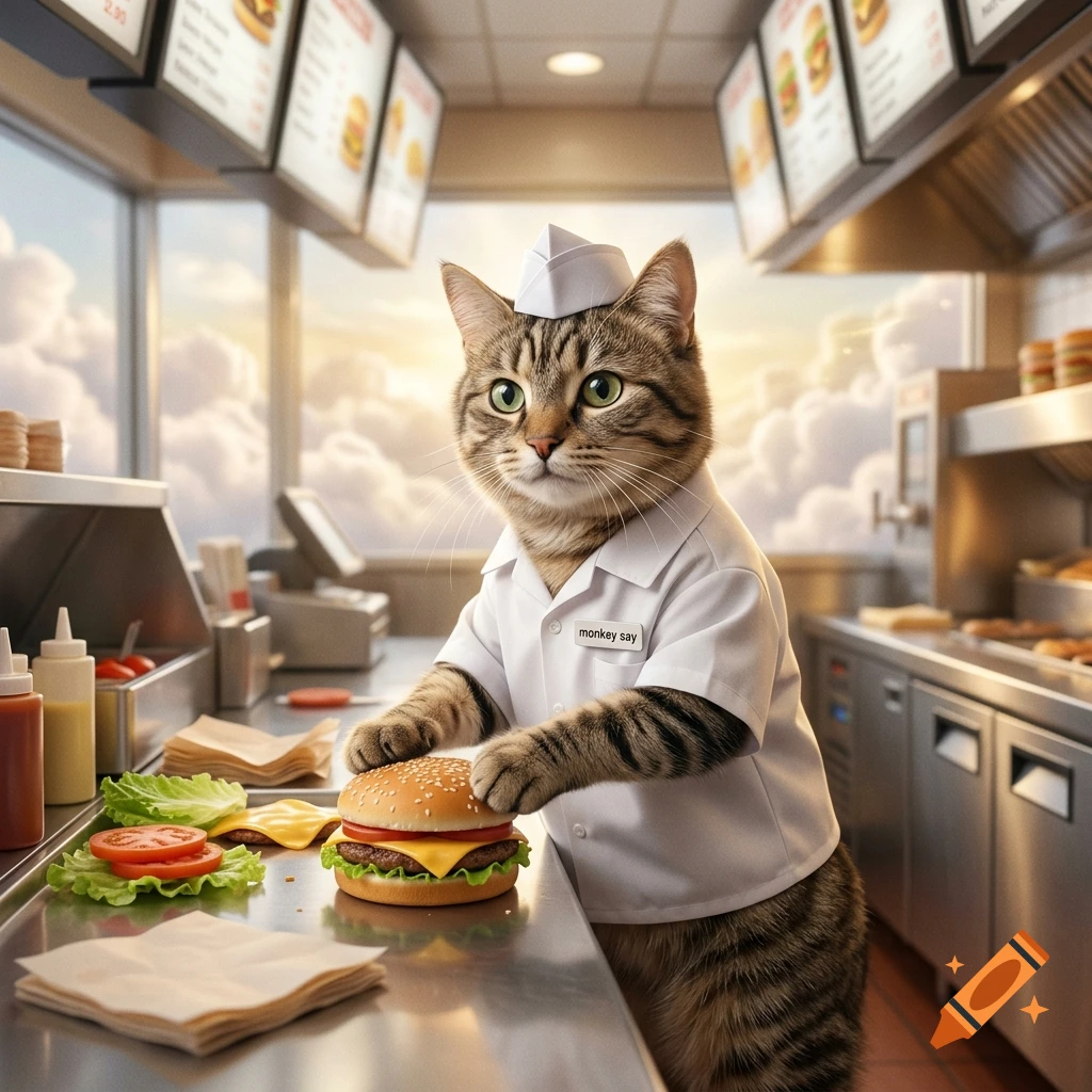 Photorealistic image of a tabby cat wearing a paper hat and chef uniform working in a fast food restaurant in heaven.