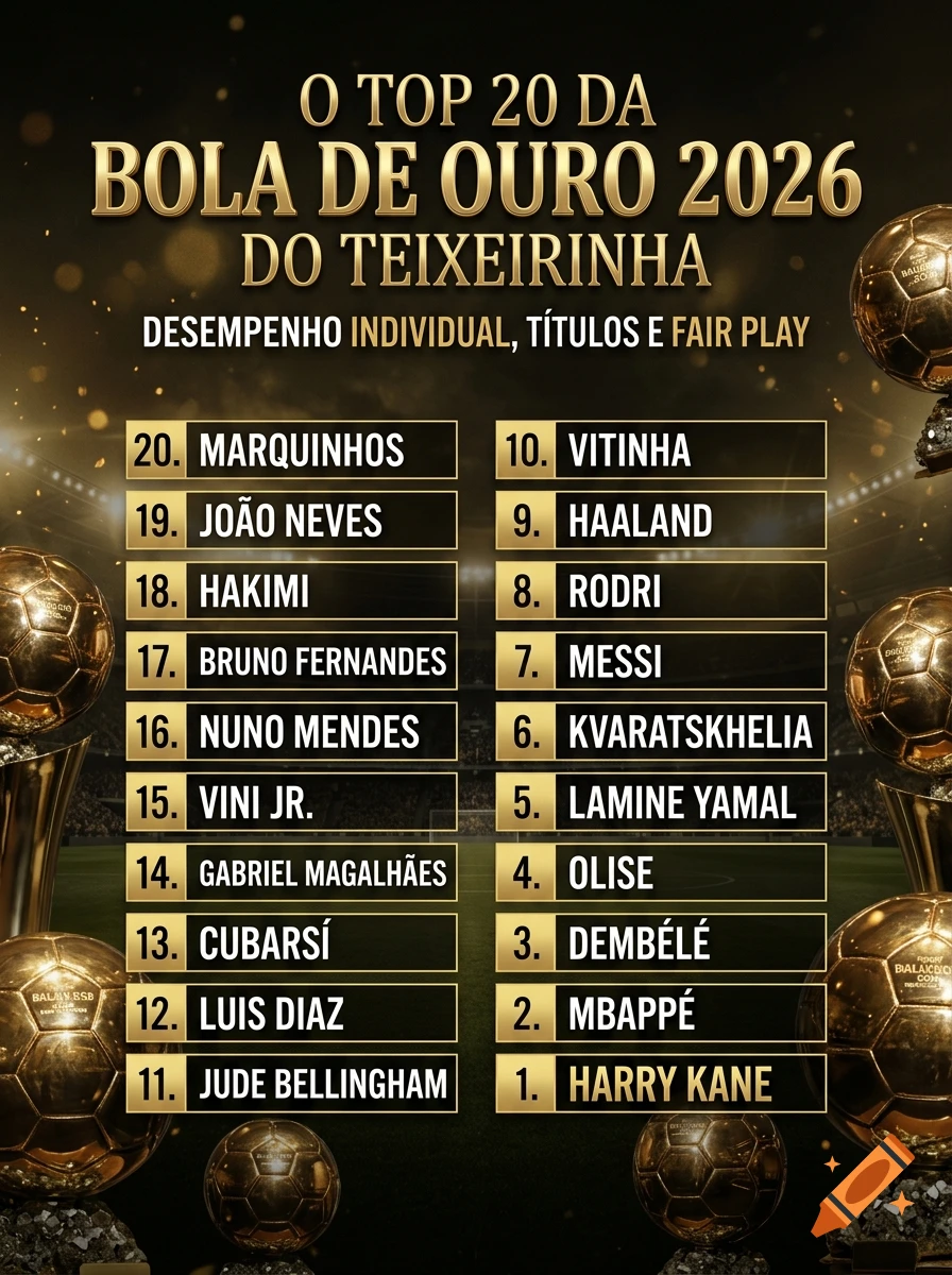 Top 20 Ballon d'Or 2026 ranking list with golden trophies in a stadium background