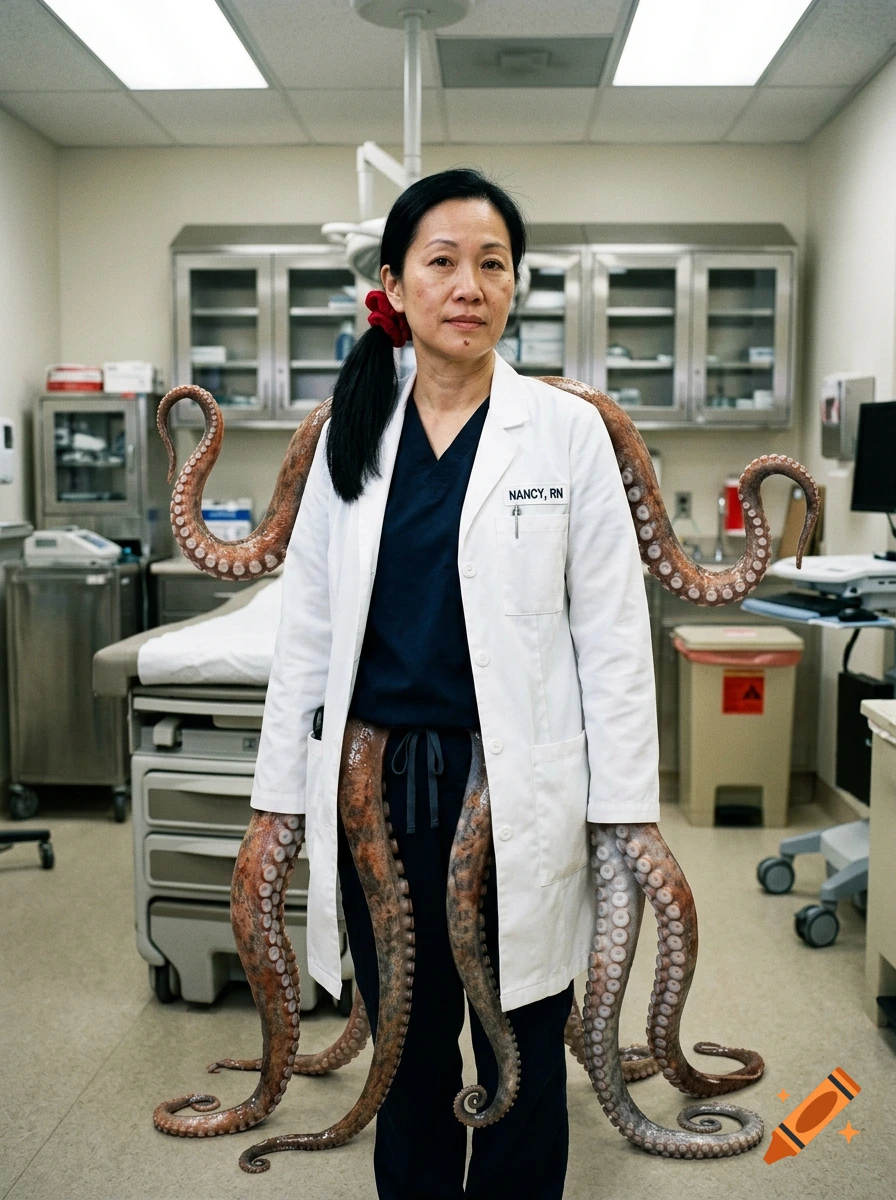 Photorealistic portrait of a female nurse with octopus tentacles for arms and legs, standing inside a hospital examination room.