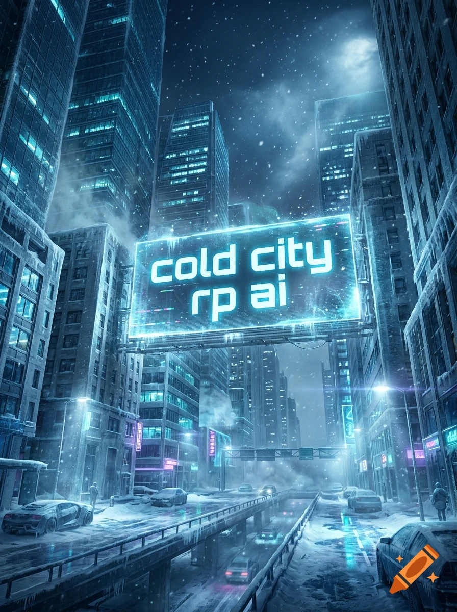 A snowy futuristic city at night with a glowing neon billboard reading cold city rp ai, flanked by towering skyscrapers and cars on a frozen street, photorealistic style.