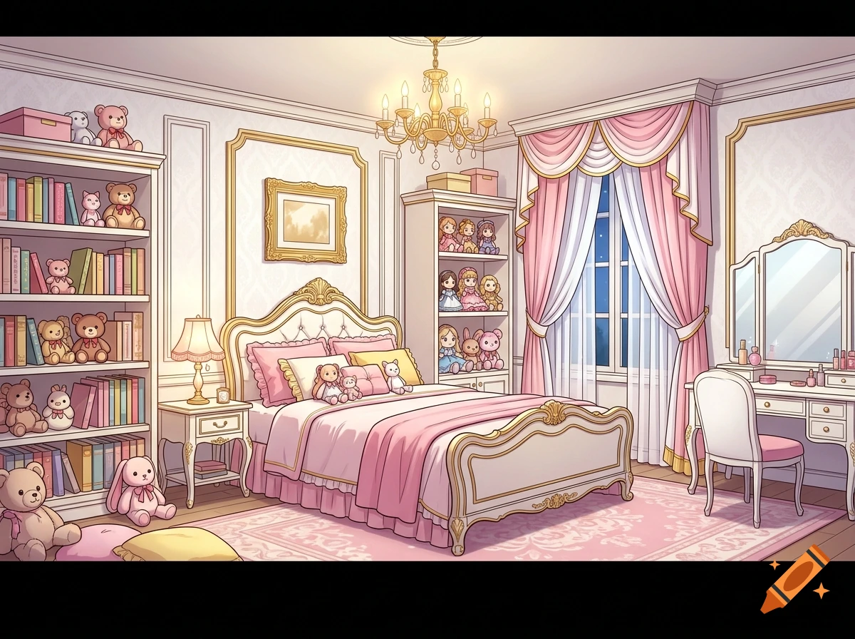 Anime style bedroom in pink and white with a canopy bed, plushies, bookshelf, and vanity.