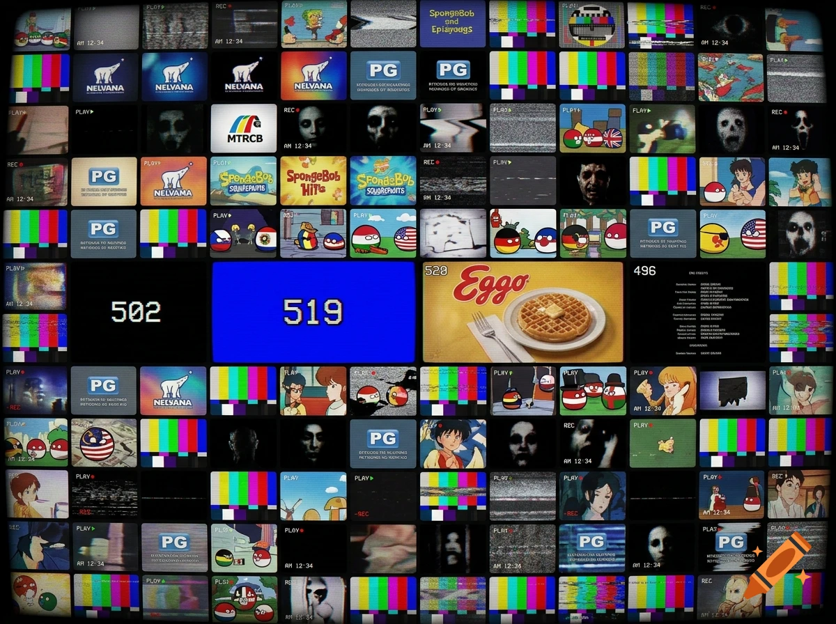 A vintage 4:3 CRT television screen displaying a grid collage of various channels, color bars, scary faces, and cartoons.