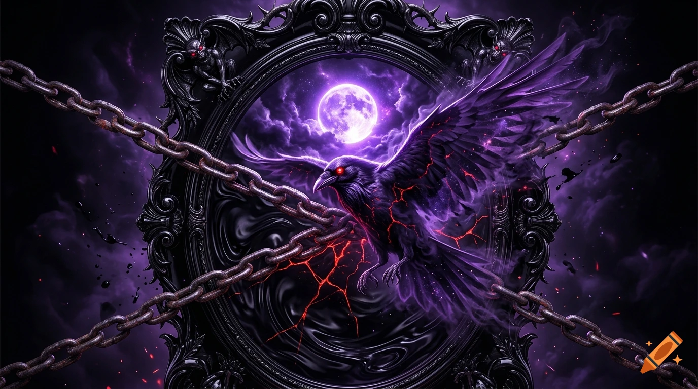 Gothic digital art of a mystical raven breaking out of an ornate obsidian mirror bound by chains under a violet moon.