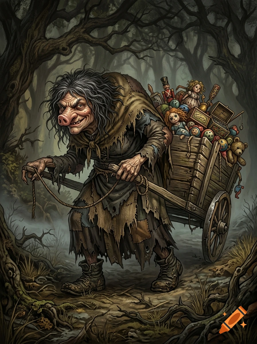 Illustration of a greedy, hunchbacked hag with a pig nose hauling a wooden cart overflowing with toys through a dark, foggy forest.