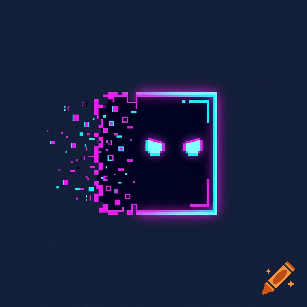 Minimalist 2D vector icon of a square ghost character in glowing neon magenta and cyan with digital glitch effects.