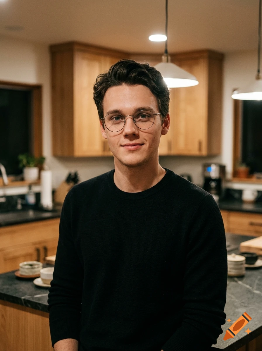 Photorealistic portrait of a young man with glasses smiling in a cozy kitchen.