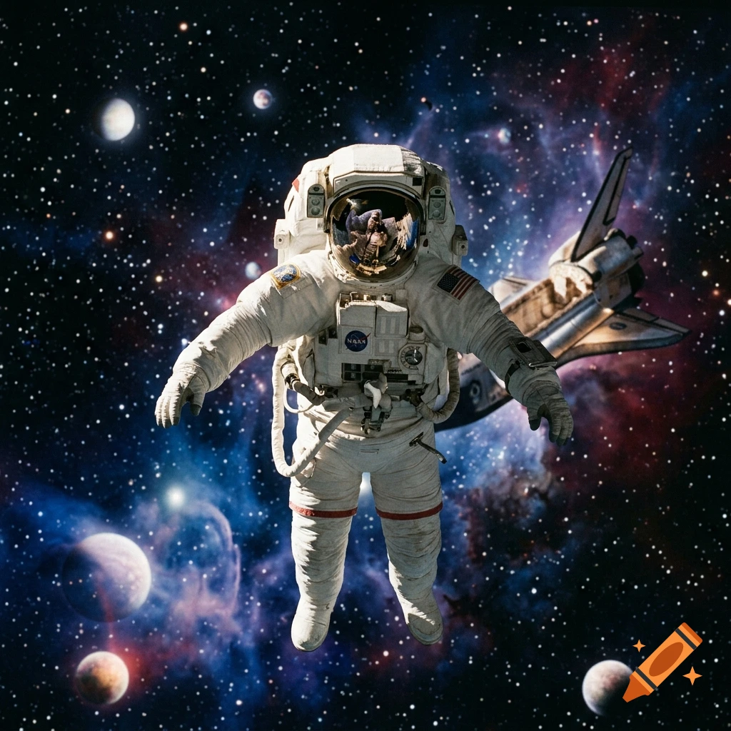 An astronaut floating in deep space among stars, planets, and a nebula with a space shuttle in the background.