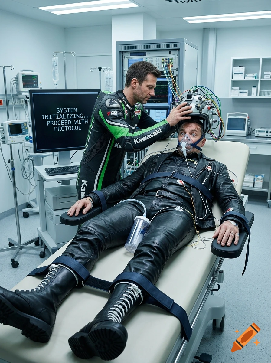 Photorealistic scene of a man strapped to a medical bed with a helmet and cables attached, supervised by a racer in a garage.